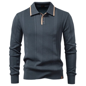 Detail of navy knit polo shirt featuring beige contrast trim and vertical stripe texture