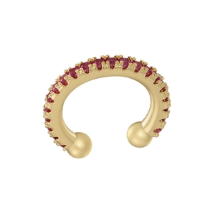 Detailed macro view of 18K gold plated brass ear cuff featuring inlaid red zircon stones
