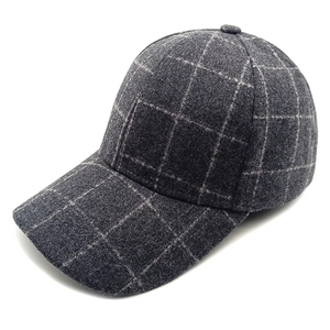 Classic dark grey plaid wool baseball cap for men and women with a curved visor