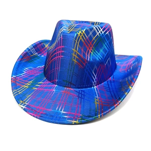 Detail of blue cowboy hat with colorful metallic rainbow grid texture for party wear