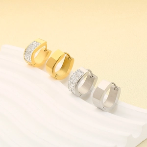 U-shaped stainless steel hoop earrings in gold and silver with zircon pave settings