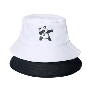 Black and white cotton bucket hats featuring cute dab panda embroidery and stitching