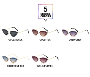 Detailed grid showing five stylish cat eye metal frame sunglasses in various lens colors