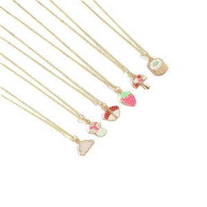 Golden alloy necklace set featuring colorful enamel mushroom and strawberry pendants