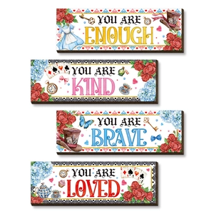 Lot de 4 plaques murales en bois Alice au pays des merveilles pour chambre de fille