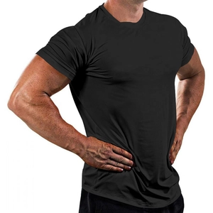Close-up of black tight-fitting sports T-shirt showing quick-dry fabric and muscle fit