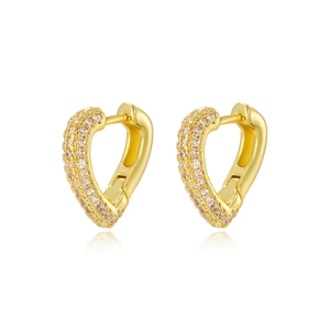 Elegant gold heart-shaped hoop earrings with sparkling pavé crystals on white background