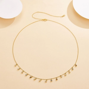 Close-up of S925 silver gold necklace with colorful zircon tassels and hallmark