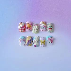 3D embossed nail art stickers with 5D bunny and biscuit designs in macaron colors