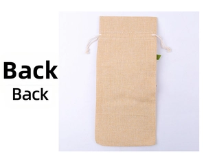 Back view of natural burlap wine bottle gift bag with white drawstring closure