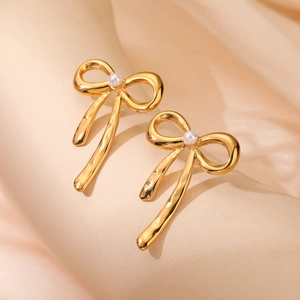 Elegant 18K gold-plated bow-knot stud earrings featuring a delicate white pearl center