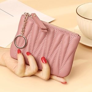 Pink checkered genuine leather coin purse with zipper and metal keychain for women