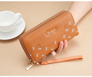 Brown long PU leather wallet with flower pattern, quilted texture, and double zippers