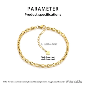 Close-up of golden stainless steel anklet with adjustable chain and s.Steel tag