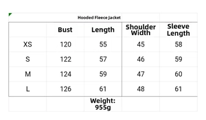 Size chart for cropped hooded faux fur jacket with chest and length measurements