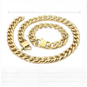 Macro detail of 13mm gold curb link chain necklace and bracelet set specifications