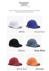 Detail showing distressed ripped baseball caps in six colors with vintage cotton fabric