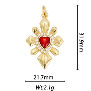 18k gold plated heart wing pendant with red stone and dimensions 31.9mm by 21.7mm