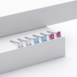 Minimalist 925 sterling silver stud earrings with round white blue and pink gemstones