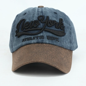 Detail of vintage two-tone baseball cap with 3D New York embroidery and suede brim