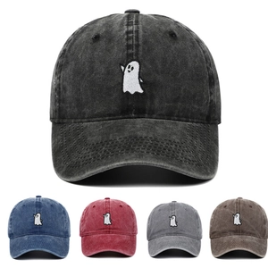 Ghost Embroidery Baseball Cap Washed Cotton Vintage Distressed Dad Hat Adjustable Casual Outdoor Sun Protection Unisex