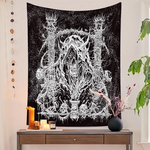Tapisserie gothique de crâne en noir et blanc pour décoration murale de chambre esthétique