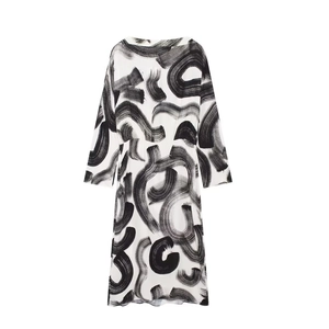 Elegant white long sleeve dress with artistic black abstract brushstroke print pattern