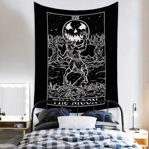 Macro detail of Bohemian Moon Tarot wall tapestry with black and white mystical patterns