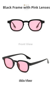 Front and side view of vintage round sunglasses with black frames and pink lenses