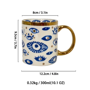Detailed dimensions of eye pattern ceramic mug with gold handle and 300ml capacity
