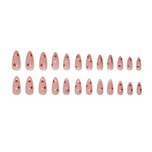 24pcs pink almond press-on nails with sweet red heart patterns and glossy finish
