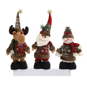 Standing Christmas plush dolls featuring Santa, reindeer, and snowman on display stands