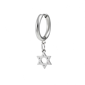 Punk style stainless steel hoop earring with a polished silver hexagram star pendant