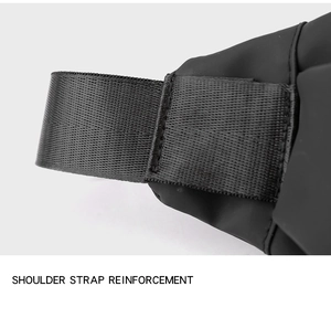 Detail showing the reinforced shoulder strap stitching on this black mini crossbody bag