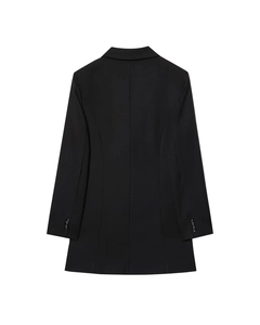 Detailed back view of minimalist black long-sleeve blazer showing drape and fabric texture