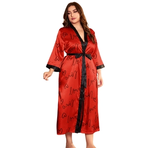 Plus size red satin nightgown set with black trim and love patterns for women