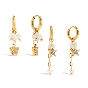 Boucles d'oreilles dorées avec perles, papillons en zircone et breloques de fleurs