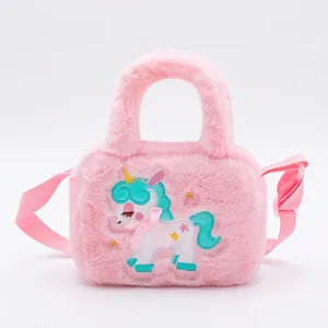 Pink plush unicorn crossbody bag for kids with cute embroidery and a silk bow decoration