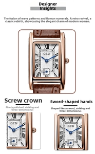 Detail view of the rose gold rectangular case and brown leather strap on GEDI watch