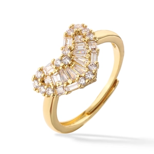 Adjustable gold plated heart ring featuring micro-paved cubic zirconia and hollow design