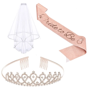 Rose gold Bride to Be sash with glitter finish, white veil, and rhinestone bridal crown set