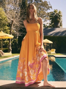 Women Floral Print Maxi Dress Spaghetti Strap Sexy High Waist Sleeveless Beach Holiday Summer Polyester Spandex Sun Dress