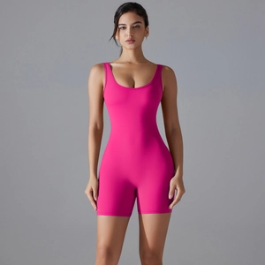 Front view of hot pink sleeveless yoga bodysuit with a U-neckline and form-fitting cut