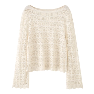Macro detail of wave crochet pattern and scalloped hem on cream long sleeve knit top
