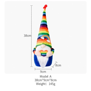 Rainbow gnome doll with striped hat and heart details including 38cm height dimensions