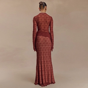 Detailed back view of a slim-fit dark red lace long sleeve maxi dress for women