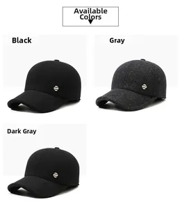 Detail of wool blend baseball caps with metal logos in black, grey, and dark grey tones