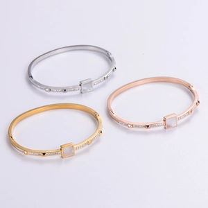 Minimalist 18K gold, silver and rose gold bracelets with square zircons and mother of pearl
