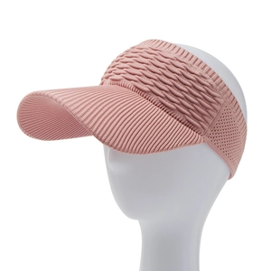 Detailed knit texture of pink sun visor hat with ribbed brim on mannequin head
