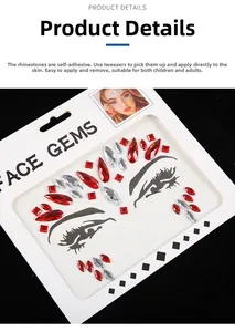 Dettaglio di gemme adesive rosse e argento per il trucco del viso e della fronte